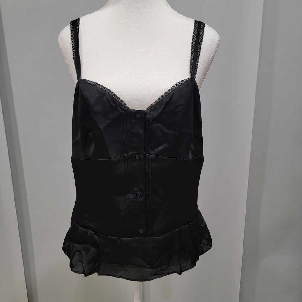 LOFT Black Satin Lace-Trim Ruffle Hem Cami